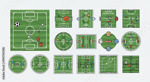 Collection of Soccer Field Layouts and Game Scenarios in Various Perspectives.