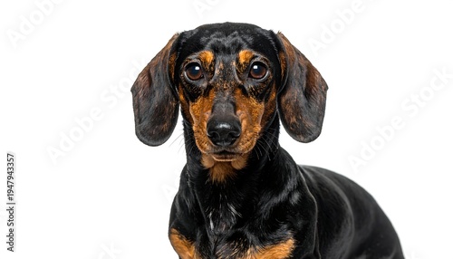 Front-facing dachshund portrait against a white background. The short-haired dog is black and tan in color