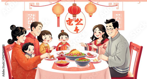 A smiling family including a mother, father, and child sits together at a home table enjoying a festive Chinese New Year dinner celebration with traditional food and decorations