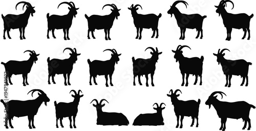 Goat Silhouette Vector Set Featuring Horned Farm Animals In Various Poses Like Standing And Laying For Rural Life And Livestock Graphic Design Projects