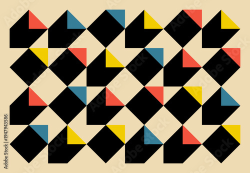 Wallpaper Mural A captivating, retro-inspired pattern of red, blue, and yellow triangles with strong, angular black shadows on a light background, creating a dynamic, interlocking 3D effect. Torontodigital.ca