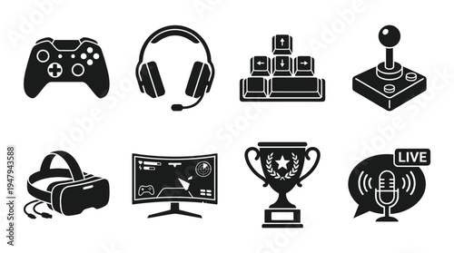 Gaming & Esports Vector Icon Set – Tech and Entertainment Vectors Featuring Gamepad, Headset, Keyboard, Joystick, VR Goggles, Trophy, Streaming Mic, and Monitor Display