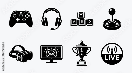 Gaming & Esports Vector Icon Set – Tech and Entertainment Vectors Featuring Gamepad, Headset, Keyboard, Joystick, VR Goggles, Trophy, Streaming Mic, and Monitor Display