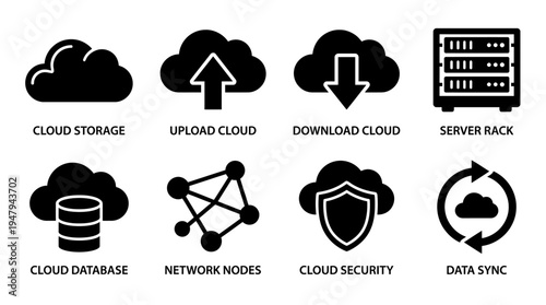 Cloud Computing & Data Infrastructure Vector Icon Set – Tech Vectors Featuring Cloud Storage, Upload/Download, Server Rack, Database, Network Nodes, Security Shield, and Data Sync