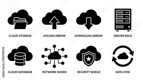 Cloud Computing & Data Infrastructure Vector Icon Set – Tech Vectors Featuring Cloud Storage, Upload/Download, Server Rack, Database, Network Nodes, Security Shield, and Data Sync
