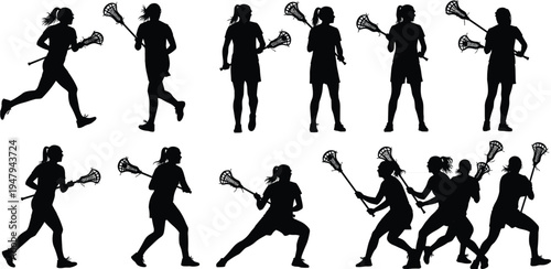 Lacrosse Player Silhouette Vector Collection Featuring Female Athletes In Action Poses Cad Drawing Flat Vector Illustration Isolated On White Background