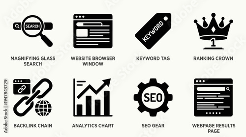 SEO & Digital Marketing Vector Icon Set – Web Optimization Vectors Featuring Search Magnifier, Browser Window, Keyword Tag, Ranking Crown, Backlink Chain, Analytics Chart, and SEO Gear