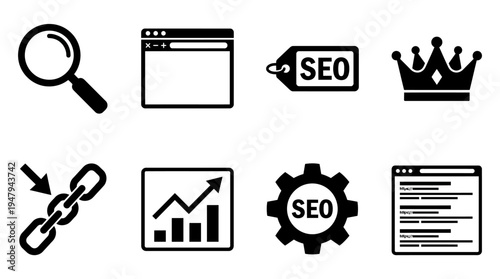 SEO & Digital Marketing Vector Icon Set – Web Optimization Vectors Featuring Search Magnifier, Browser Window, Keyword Tag, Ranking Crown, Backlink Chain, Analytics Chart, and SEO Gear