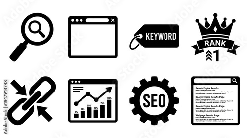 SEO & Digital Marketing Vector Icon Set – Web Optimization Vectors Featuring Search Magnifier, Browser Window, Keyword Tag, Ranking Crown, Backlink Chain, Analytics Chart, and SEO Gear