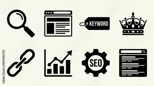 SEO & Digital Marketing Vector Icon Set – Web Optimization Vectors Featuring Search Magnifier, Browser Window, Keyword Tag, Ranking Crown, Backlink Chain, Analytics Chart, and SEO Gear