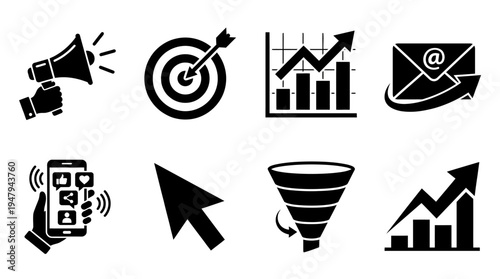Digital Marketing Strategy Vector Icon Set – Online Promotion Vectors Featuring Megaphone, Target, Growth Chart, Email Campaign, Mobile Engagement, Funnel, Cursor, and Performance Metrics