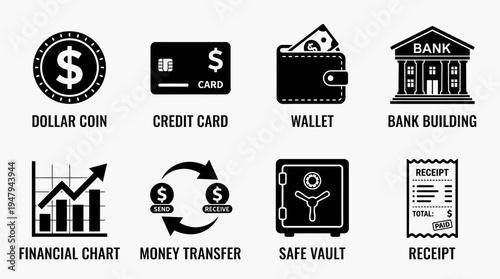 Finance & Banking Vector Icon Set – Money Management Vectors Featuring Dollar Coin, Credit Card, Wallet, Bank Building, Growth Chart, Safe Vault, Receipt, and Transfer Arrows