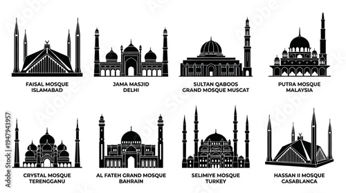 Global Mosque Landmarks Vector Icon Set – Islamic Architecture Vectors Featuring Faisal Mosque, Jama Masjid, Sultan Qaboos, Putra, Crystal, Al Fateh, Selimiye, and Hassan II