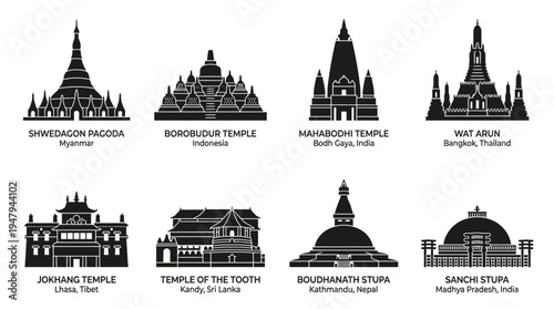 Asian Temples & Stupas Vector Icon Set – Sacred Architecture Vectors Featuring Pagodas, Prayer Halls, Tiered Roofs, Stupa Domes, Bell Towers, and Ornamental Entrances