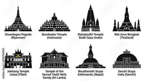 Asian Temples & Stupas Vector Icon Set – Sacred Architecture Vectors Featuring Pagodas, Prayer Halls, Tiered Roofs, Stupa Domes, Bell Towers, and Ornamental Entrances