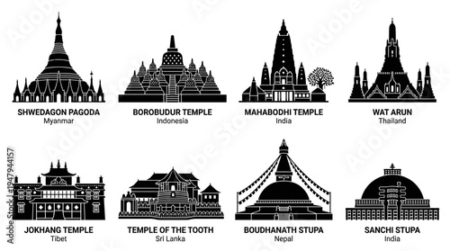 Asian Temples & Stupas Vector Icon Set – Sacred Architecture Vectors Featuring Pagodas, Prayer Halls, Tiered Roofs, Stupa Domes, Bell Towers, and Ornamental Entrances