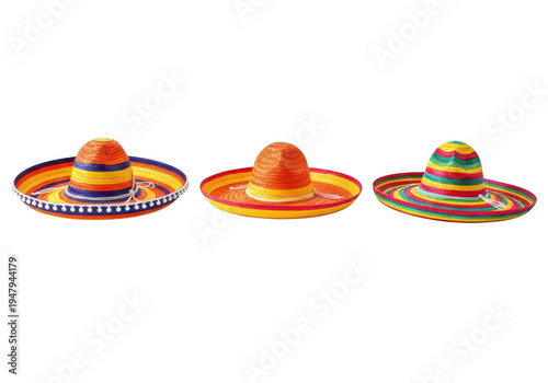 Three colorful traditional mexican sombreros on display isolated on transparent background, png
