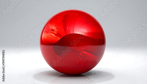 Glossy red sphere reflecting sky sits on white surface