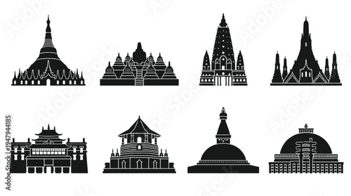 Asian Temples & Stupas Vector Icon Set – Sacred Architecture Vectors Featuring Pagodas, Prayer Halls, Tiered Roofs, Stupa Domes, Bell Towers, and Ornamental Entrances