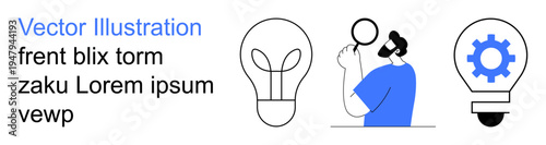 Innovation, creativity, technology, problem solving, education, research. Simple lightbulb icons and a person analyzing with a magnifying glass. Innovation and creativity concept