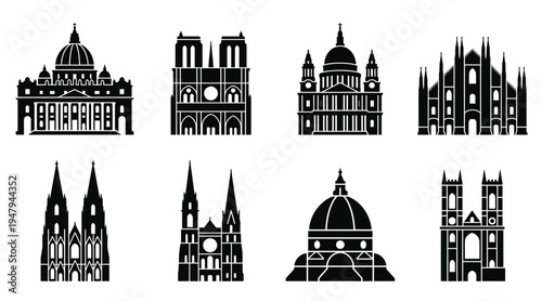 European Cathedrals Vector Icon Set – Gothic and Renaissance Architecture Vectors Featuring St. Peter’s Basilica, Notre-Dame, Milan Cathedral, Westminster Abbey, Cologne Cathedral, and Dome Profiles