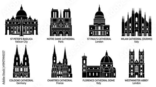 European Cathedrals Vector Icon Set – Gothic and Renaissance Architecture Vectors Featuring St. Peter’s Basilica, Notre-Dame, Milan Cathedral, Westminster Abbey, Cologne Cathedral, and Dome Profiles