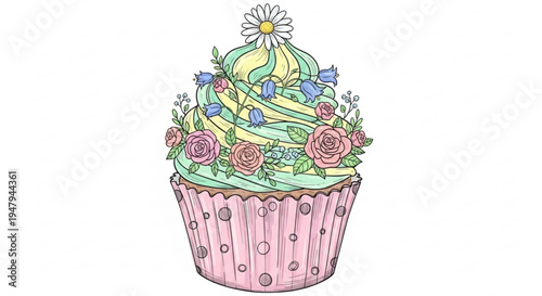 Colorful cupcake with floral frosting and pink wrapper decorated with flowers and a daisy on top sweet treat for celebration