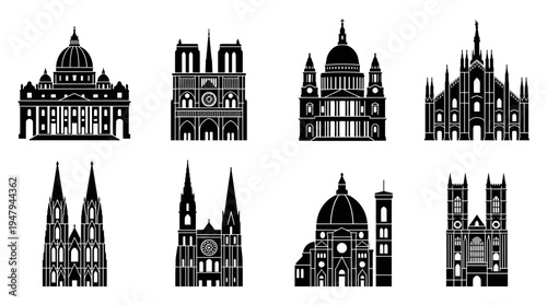 European Cathedrals Vector Icon Set – Gothic and Renaissance Architecture Vectors Featuring St. Peter’s Basilica, Notre-Dame, Milan Cathedral, Westminster Abbey, Cologne Cathedral, and Dome Profiles