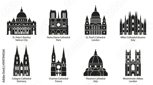European Cathedrals Vector Icon Set – Gothic and Renaissance Architecture Vectors Featuring St. Peter’s Basilica, Notre-Dame, Milan Cathedral, Westminster Abbey, Cologne Cathedral, and Dome Profiles