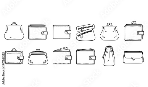Outline wallet and purse icon set with coin pouch card holder and fashion accessory vector