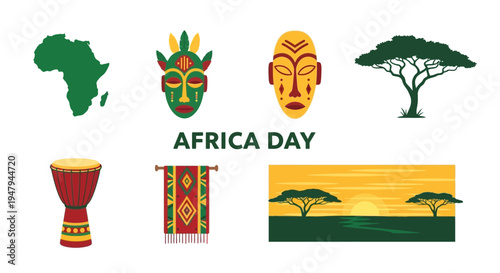 Africa Day graphic featuring continent map masks drum textile and savanna sunset