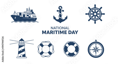 Blue and white graphic icons for National Maritime Day featuring ship anchor wheel lighthouse flotation rings compass