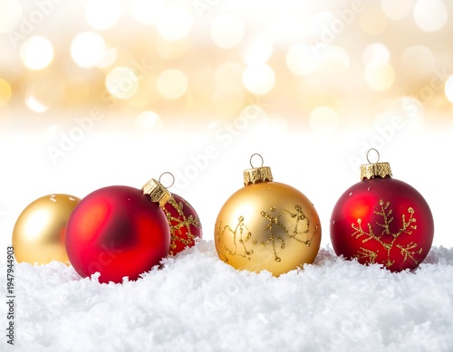 Gold and red ornaments resting on snow with a blurred, golden bokeh light background