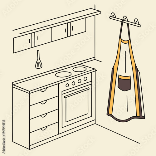 Kitchen counter with apron line drawing - cooking scene with line art