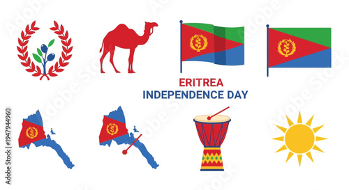 Photos Eritrea Independence Day graphic icons including a wreath camel flags maps drum