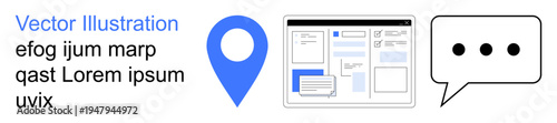 Navigation, digital tools, user interface, online communication, geolocation, concept design. Blue location pin, web elements chat bubble icon. Navigation and digital tools concept