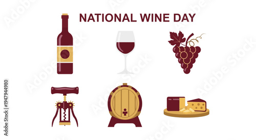 Flat design icons for National Wine Day featuring wine bottle glass grapes corkscrew barrel and cheese