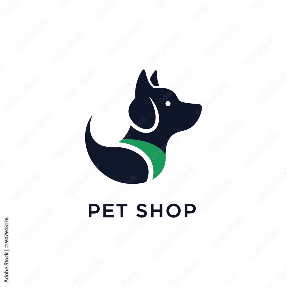 Obraz premium Dog silhouette pet shop logo with green collar accent for canine grooming and vet care