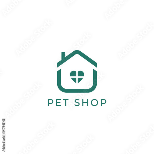 Green house outline logo with heart window for pet shop brand on transparent background