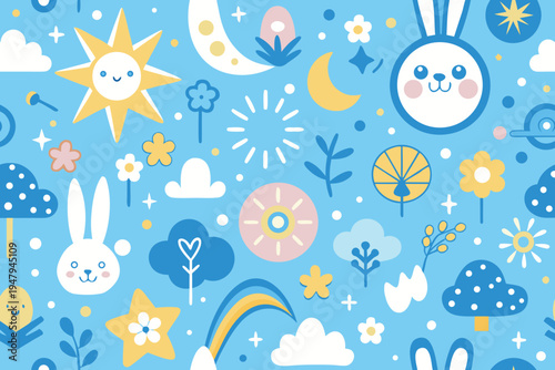 Whimsical pattern featuring celestial bodies bunnies and floral elements high quality professional detailed