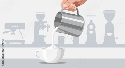 Barista pouring frothed milk into a coffee cup, coffee shop background