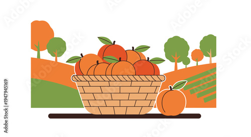 Basket of fresh oranges on a farm field background, harvest concept