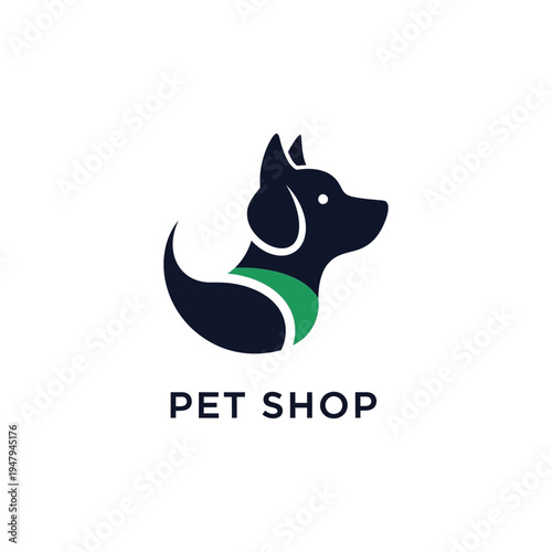 Dog silhouette pet shop logo with green collar accent for canine grooming and vet care