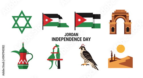 Graphic icons for Jordan Independence Day featuring symbols and landscapes