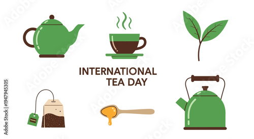 Illustration for International Tea Day featuring tea items and text