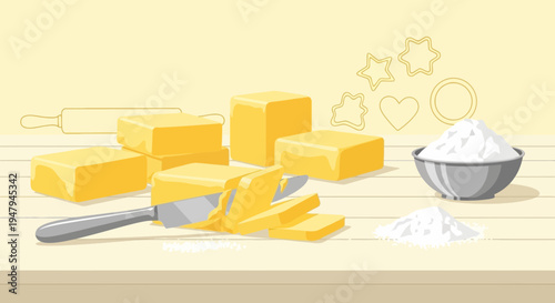 Butter Slices and Ingredients for Baking Cookies on a Wooden Table