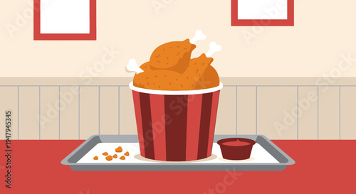 Bucket of Fried Chicken with Dipping Sauce on a Tray, Delicious Fast Food Meal