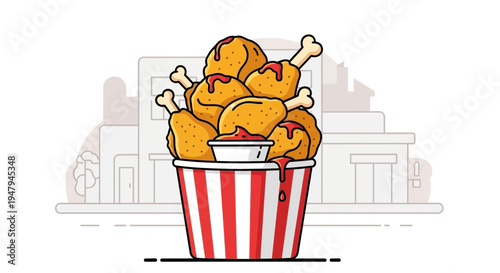 Bucket of Delicious Fried Chicken with Sauce, Fast Food Meal