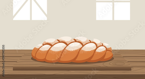 Braided Challah Bread Sprinkled with Powdered Sugar on Wooden Table