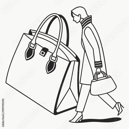 Woman with small and giant handbags - shopping contrast with line art